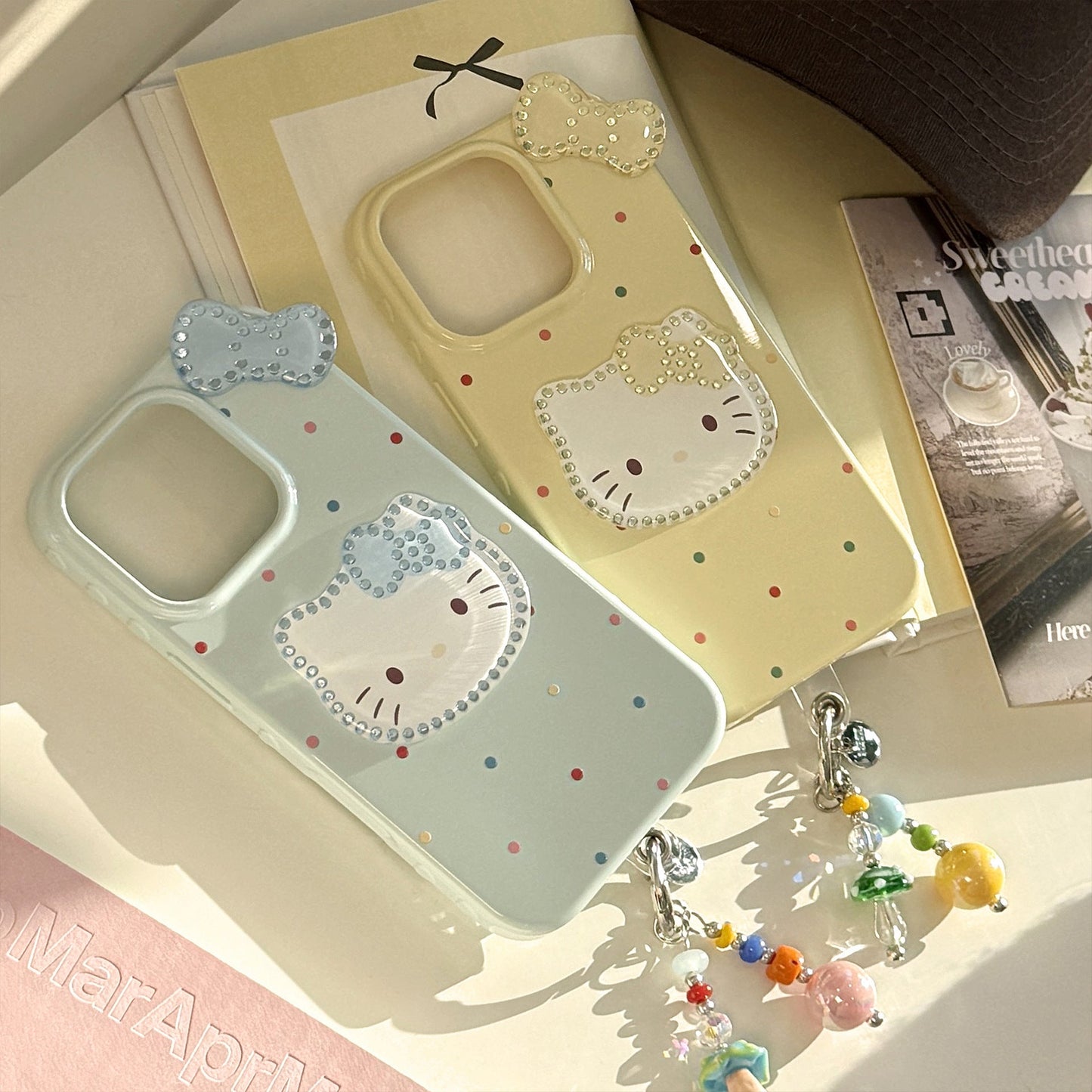 Three-dimensional gilt is suitable for 17promax Apple 16 mobile phone case iphone14 color polka dot bow cat 13 pendant.